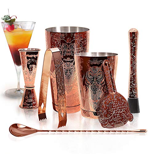  KY FISH Bartender Kit Cocktail Shaker Set-6 Pieces Stainless Steel Copper Plated Etching Bar Tools With Boston Shaker Tins,Mixing Spoon,Mojito Muddler,Jigger,Hawthorne Strainer ,Ice Tongs