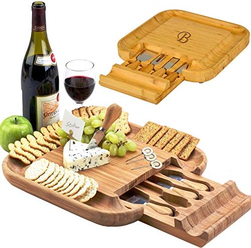  Ersonalized Monogrammed Engraved Bamboo Cutting Board For Cheese & Charcuterie With Knife Set & Cheese Markers- Designed & Quality Checked In USA