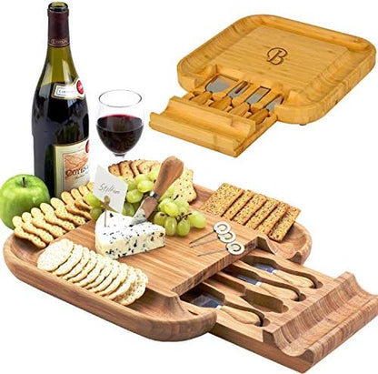  Ersonalized Monogrammed Engraved Bamboo Cutting Board For Cheese & Charcuterie With Knife Set & Cheese Markers- Designed & Quality Checked In USA