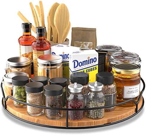  Lazy Susan Turntable Organizer For Cabinet Pantry Kitchen Countertop Refrigerator Cupboard, Pine Wood, 9", Carbonized Black