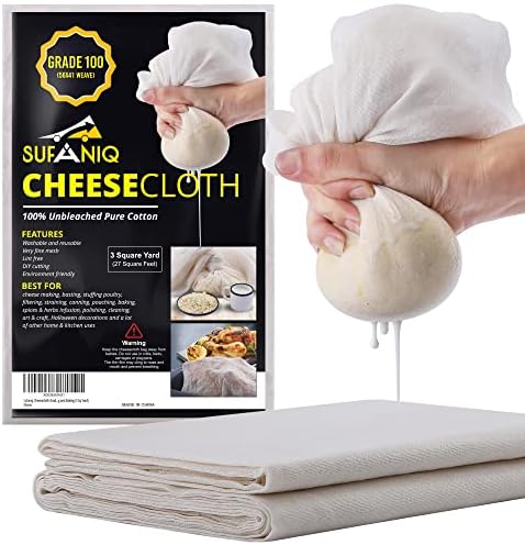  Cheesecloth, Grade 90 (9 Sq Feet), 100% Pure Cotton Reusable Cheese Cloths For Straining, Unbleached Ultra Fine Cheese Cloth Fabric, Premium Butter Muslin Cloth For Straining - (1 Sq Yard)