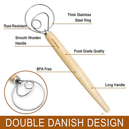  Danish Dough Whisk Large Hand Mixer - 2 Pack Large 13” Stainless Steel Wooden Danish Whisk With 2 Dough Scraper - Dutch Style Artisan Blender For Bread, Batter, Cake, Pastry - Gift For Bakers