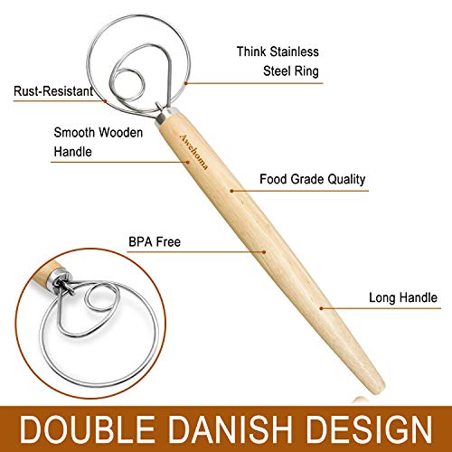  Danish Dough Whisk Large Hand Mixer - 2 Pack Large 13” Stainless Steel Wooden Danish Whisk With 2 Dough Scraper - Dutch Style Artisan Blender For Bread, Batter, Cake, Pastry - Gift For Bakers