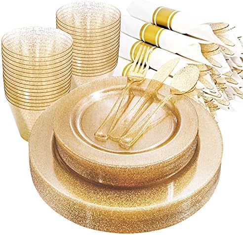  210PCS Gold Plastic Plates, Gold Disposable Dinnerware Set Includes 60 Gold & White Plates With Floral Design,30 Gold Plastic Silverware,30 Per Rolled Napkins,30 Gold Rim Cups For Mother's Day