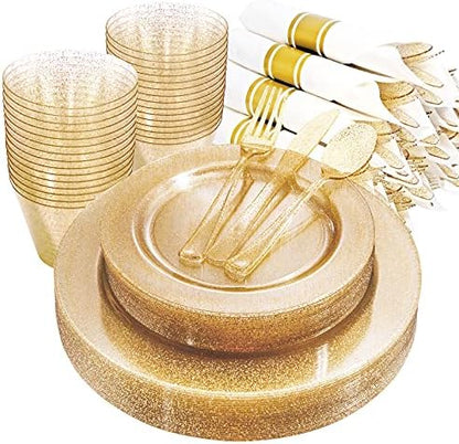  210PCS Gold Plastic Plates, Gold Disposable Dinnerware Set Includes 60 Gold & White Plates With Floral Design,30 Gold Plastic Silverware,30 Per Rolled Napkins,30 Gold Rim Cups For Mother's Day