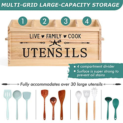  Utensil Holder, Extra Large Kitchen Utensil Holder For Countertop, Wood Utensil Holder With Handle, Kitchen Utensil Organizer Cooking Tools Storage (Utensil Not Included)