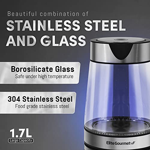  KT-602 Electric 1.7L BPA Free Glass Kettle Cordless 360° Base, Stylish Blue LED Interior, Handy Auto Shut-Off Function – Quickly Boil Water For Tea & More, Stainless Steel