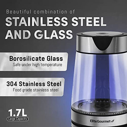 KT-602 Electric 1.7L BPA Free Glass Kettle Cordless 360° Base, Stylish Blue LED Interior, Handy Auto Shut-Off Function – Quickly Boil Water For Tea & More, Stainless Steel