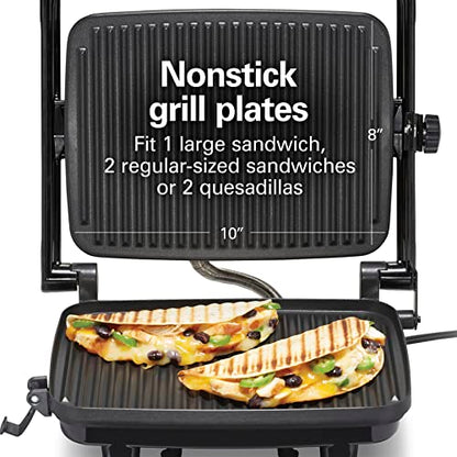 Hamilton Beach Electric Panini Press Grill With Locking Lid, Opens 180 Degrees For Any Sandwich Thickness, Nonstick 8" X 10" Grids, Red (25462Z)