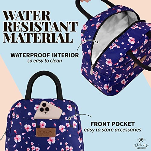  Insulated Lunch Box For Women - Tote Lunch Bag Women Insulated With Soft Padded Handles - Cute Lunch Bags For Women, Teens, Men - Ideal For Work, School, Picnics (Blue With Pink Flowers)