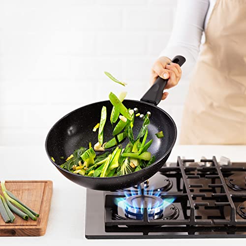  Non Stick Wok - 12.2" Wok Pan For All Stovetop Types - Black Flat Bottom Wok W/Anti Stick Coating For Gas Electric Ceramic Induction Cooktops