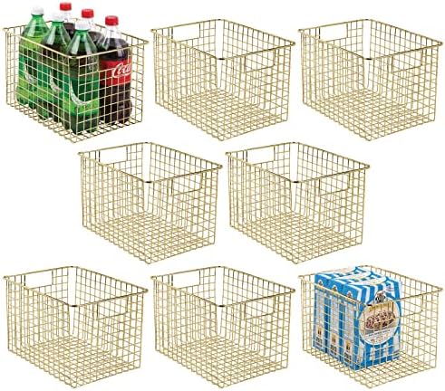  MDesign Metal Wire Food Storage Basket Organizer With Handles For Organizing Kitchen Cabinets, Pantry Shelf, Bathroom, Laundry Room, Closets, Garage - Concerto Collection - 8 Pack - Soft Brass