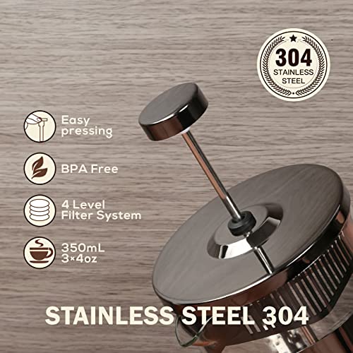  French Press Coffee Maker 12 Ounce Stainless Steel With Borosilicate Glass Heat Resistant 4 Level Filtration System For Brew Coffee & Tea Dishwasher Safe 350ml (12oz, Stainless Black)