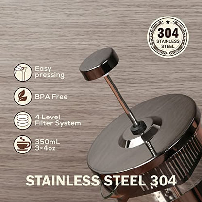  French Press Coffee Maker 12 Ounce Stainless Steel With Borosilicate Glass Heat Resistant 4 Level Filtration System For Brew Coffee & Tea Dishwasher Safe 350ml (12oz, Stainless Black)