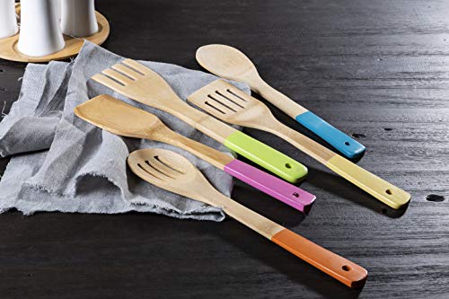 Premier® Housewares Kitchen Utensil Set, Pastel Handles 5 Piece, Bamboo, Multi/Coloured