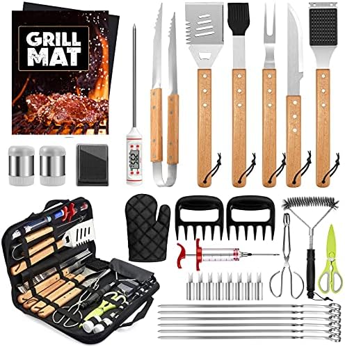  Grill BBQ Accessories 34Pcs, Stainless Steel Grill Tools Set With Oxford Case, Great Gift For Men Women Backyard Barbecue Outdoor Camping, Include Spatula, Tong, Fork, Brush, Meat Claw, Straw