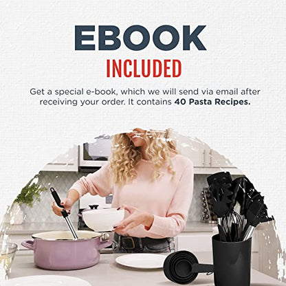  24-Piece Black Stainless Steel & Silicone Cooking Utensil Set, Heat-Resistant Cooking Utensils, Non-Scratching Kitchen Cooking Utensils, Includes A Bonus Recipe E-Book