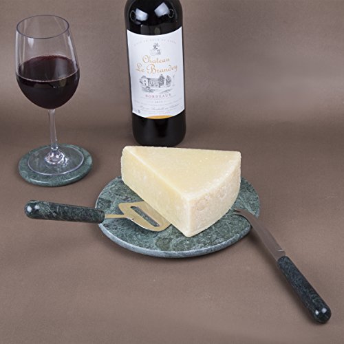  Genuine Green Marble 2 Piece Serving Set With Solid Marble Handle Includes Stainless Steel Cutter Slicer And Cheese Knife, 3" W X 9" L, Green
