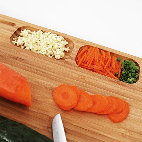  Nique Large Bamboo Cutting Board, 17.7'' Organic Chopping Board With Non-slip Rubber Grips, With 2 Specially Designed Compartments For Chopped Garlic Onion Meat