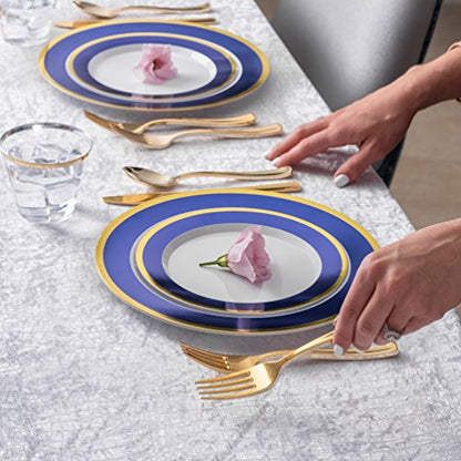  Blue And Gold Rim Plastic Dinnerware (200-Piece) Plastic Plates, Plastic Cutlery, Plastic Cups And Guest Towels - Service For 25 Guests Place Setting For Wedding, Party, Baby Shower, Birthday, Holiday