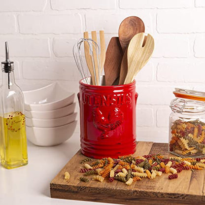  Kitchen Utensil Holder For Countertop - Large 7” Rustic Ceramic Utensil Crock - Dishwasher-Friendly Rooster Cooking Utensil Organizer Caddy For Farmhouse Kitchen Decor .red