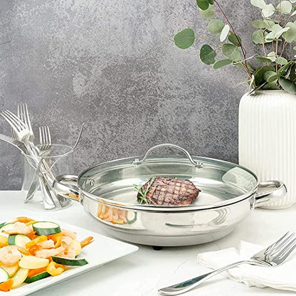  11.8-Inch Capacity Electric Skillet - For Simmer Fry Bake Steam (Silver)