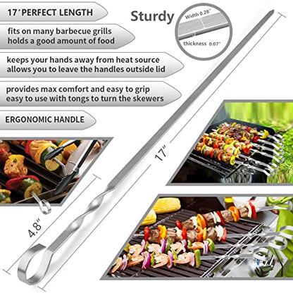  Kabob Skewers, 17" Metal Kebab Skewers Flat Long Stainless Steel Wide Reusable BBQ Barbecue Shish Kabob Sticks Skewers For Grilling Meat Shrimp Chicken Vegetable, 12 Pack Including Bonus 14" Skewers