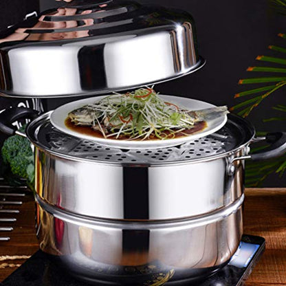  Chinese Steamer Basket Stainless Steel Steam Pot Double Layered Food Steamer Stockpot Soup Pot Boiler Cookware Pot Sauce Pot Pan Set With Lid (30cm) Dumpling Steamer