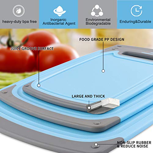  Cutting Boards For Kitchen, Plastic Chopping Board Set Of 4 With Non-Slip Feet And Deep Drip Juice Groove, Easy Grip Handle, Dishwasher Safe, BPA Free, Non-porous(Blue/Gray)