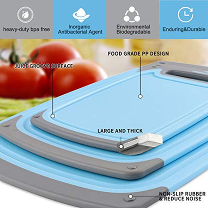  Cutting Boards For Kitchen, Plastic Chopping Board Set Of 4 With Non-Slip Feet And Deep Drip Juice Groove, Easy Grip Handle, Dishwasher Safe, BPA Free, Non-porous(Blue/Gray)