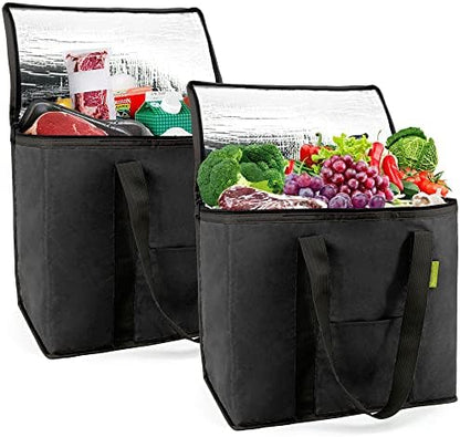  BeeGreen 2 Packs Black Insulated Grocery Bags Collapsible Shopping Cooler Thermal Tote With Zipper For Hot Cold Frozen Food Transport X-Large 60LBS Reusable Durable Long Handles Stands Upright