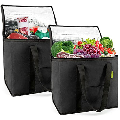  BeeGreen 2 Packs Black Insulated Grocery Bags Collapsible Shopping Cooler Thermal Tote With Zipper For Hot Cold Frozen Food Transport X-Large 60LBS Reusable Durable Long Handles Stands Upright