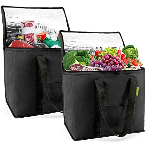  BeeGreen 2 Packs Black Insulated Grocery Bags Collapsible Shopping Cooler Thermal Tote With Zipper For Hot Cold Frozen Food Transport X-Large 60LBS Reusable Durable Long Handles Stands Upright