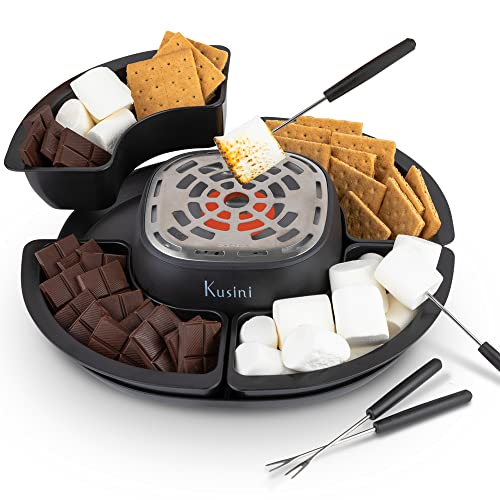  Smores Maker Tabletop Indoor - Flameless Electric Marshmallow Roaster – 4 Detachable Trays & 4 Roasting Forks – Gift Set & Date Night Idea. Movie Night Supplies & Housewarming Gift