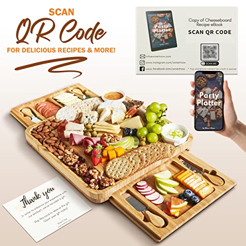  Large Charcuterie Board Set With 4x Cheese Knives, 2x Ceramic Bowls - 13x 13 Inch Bamboo Charcuterie Boards - Magnet Drawers - Bachelor Party Gift, Anniversary, Wedding Gifts For Couples - Wine It Now
