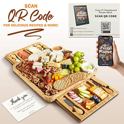  Large Charcuterie Board Set With 4x Cheese Knives, 2x Ceramic Bowls - 13x 13 Inch Bamboo Charcuterie Boards - Magnet Drawers - Bachelor Party Gift, Anniversary, Wedding Gifts For Couples - Wine It Now