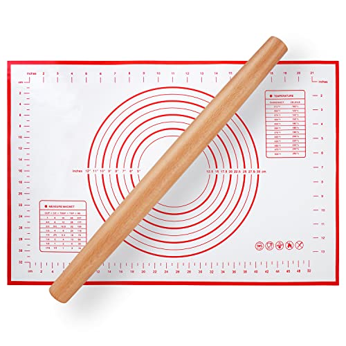  Wood French Rolling Pin For Baking, QUELLANCE Wooden Dough Roller With Silicone Baking Mat, Beech Wood Rolling Pins For Baking Dough, Pizza, Pie, Pastries, Pasta And Cookies,Red Pastry Mat