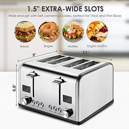 REDMOND 4 Slice Toaster, Countdown Stainless Steel Toaster With Bagel, Defrost, Cancel Function, Extra Wide Slots, 6 Bread Shade Settings, 1650W, ST030