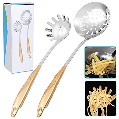  2 PCS Skimmer Spoon And Pasta Server Stainless Steel Spaghetti Fork Slotted Spoon With Gold Plated Vacuum Insulated Handle Kitchen Cooking Utensils For Daily Cooking Use