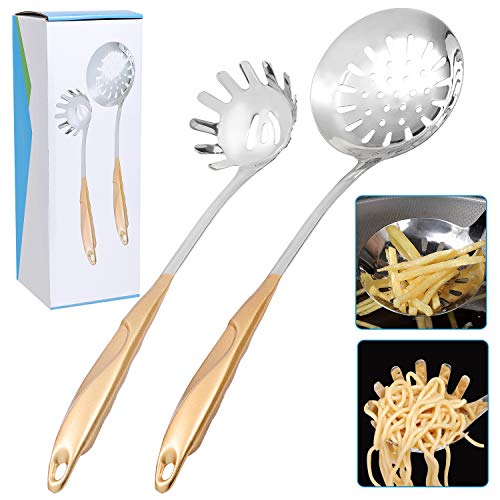  2 PCS Skimmer Spoon And Pasta Server Stainless Steel Spaghetti Fork Slotted Spoon With Gold Plated Vacuum Insulated Handle Kitchen Cooking Utensils For Daily Cooking Use