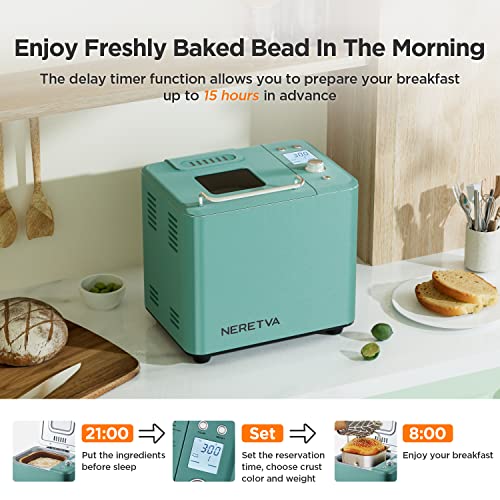  Neretva Bread Maker Machine , 20-in-1 2LB Automatic Breadmaker With Gluten Free Pizza Sourdough Setting, Digital, Programmable, 1 Hour Keep Warm, 2 Loaf Sizes, 3 Crust Colors - Receipe Booked Included (Green)