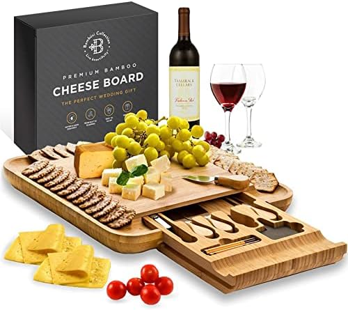  Cheese Board Gifts Set: Bamboo Large Charcuterie Boards, 4 Stainless Steel Cheese Knife & Serving Tray - Mothers Day Gift, Wedding Gifts, Housewarming Gift, Birthday Gifts For Women