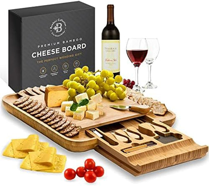  Cheese Board Gifts Set: Bamboo Large Charcuterie Boards, 4 Stainless Steel Cheese Knife & Serving Tray - Mothers Day Gift, Wedding Gifts, Housewarming Gift, Birthday Gifts For Women