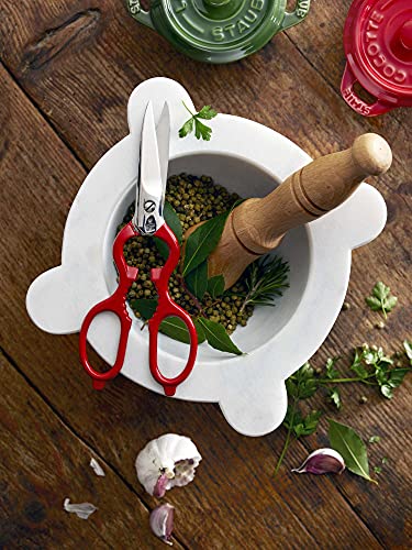 Zwilling Willing Kitchen Shears, Multi-Purpose, Bottle Opener, Jar Lid Lifter, Dishwasher Safe, Heavy Duty, Forged Stainless Steel Blades, Red 7.9-inch