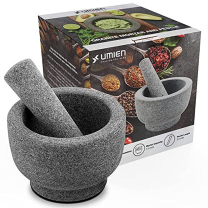  Granite Mortar And Pestle Set Guacamole Bowl Molcajete 8 Inch - Natural Stone Grinder For Spices, Seasonings, Pastes, Pestos And Guacamole - Extra Bonus Avocado Tool Included