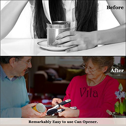 Vila Stainless Steel Cat & Dog Food Can Opener, Manual Lid Lifter, Bottle Opener, Easy To Turn Knob, Long, Comfortable Handles, Sharp Cutting Disc - Silver And Black, For Kitchen, Restaurant, Camping