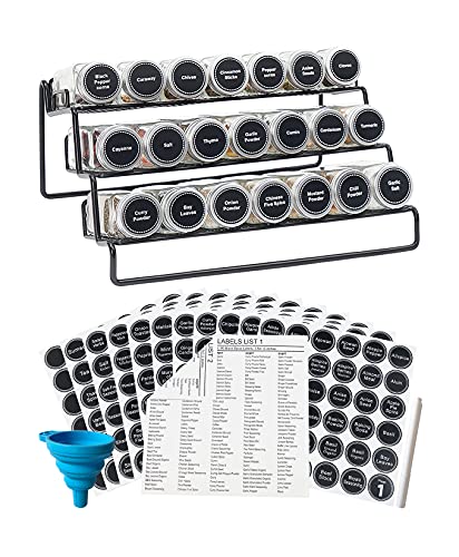  GONGSHI 3 Tier Cabinet Spice Rack Organizer With 21 Empty Glass Spice Jars (4oz), 386 Spice Labels, Chalk Marker And Funnel For Pantry Cupboard Or Countertop, Black