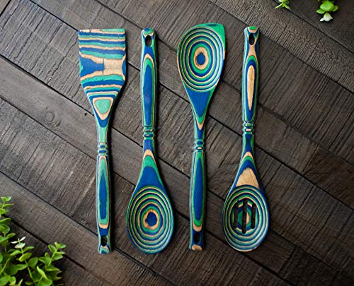  Pakkawood 4-Piece Utensil Set - Elegant Kitchen Spoon, Slotted Spoon, Corner Spoon, And Spatula For Serving & Cooking, Heat Resistant & Non-Stick Utensils