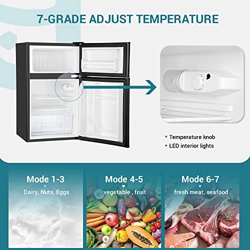 Ini Fridge With Freezer, 3.2 Cu.Ft Compact Refrigerator With Freezer, 2 Door Mini Fridge With Freezer, Upright For Dorm, Bedroom, Office, Apartment- Food Storage Or Drink Beer, Black.