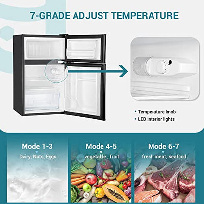  Ini Fridge With Freezer, 3.2 Cu.Ft Compact Refrigerator With Freezer, 2 Door Mini Fridge With Freezer, Upright For Dorm, Bedroom, Office, Apartment- Food Storage Or Drink Beer, Black.